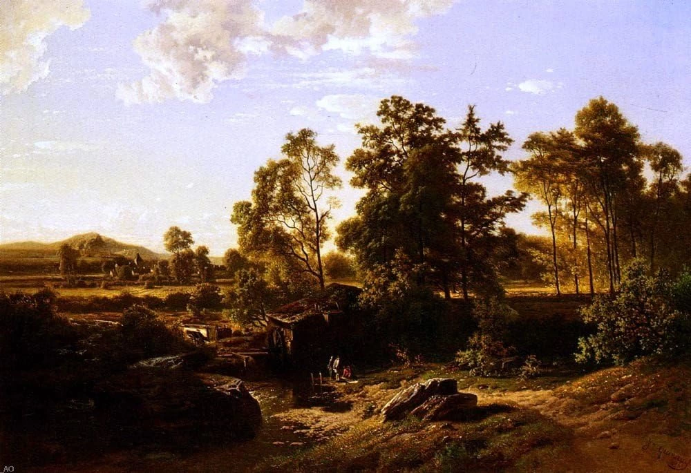Un paesaggio fluviale con un mulino